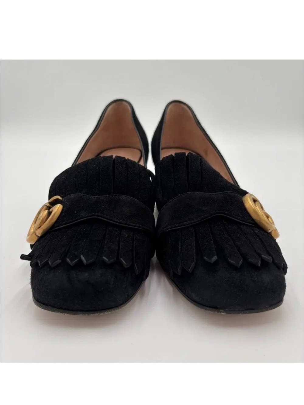 Gucci Black Suede Marmont Fringe Block Heel Loafers with Gold GG in Sz 38 1/2 - Picture 5 of 16